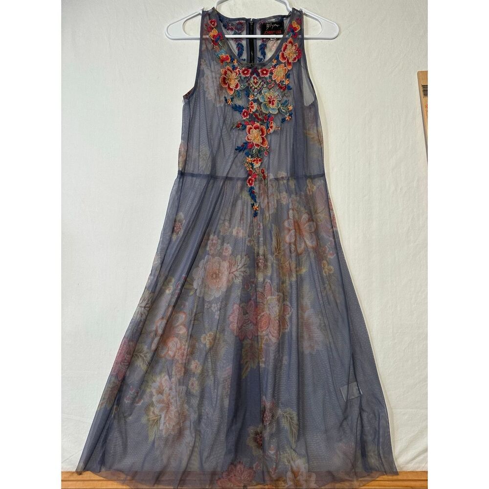 Biya Johnny Was Embroidered Floral Mesh Maxi Dress Gray Sleeveless Boho Sz S